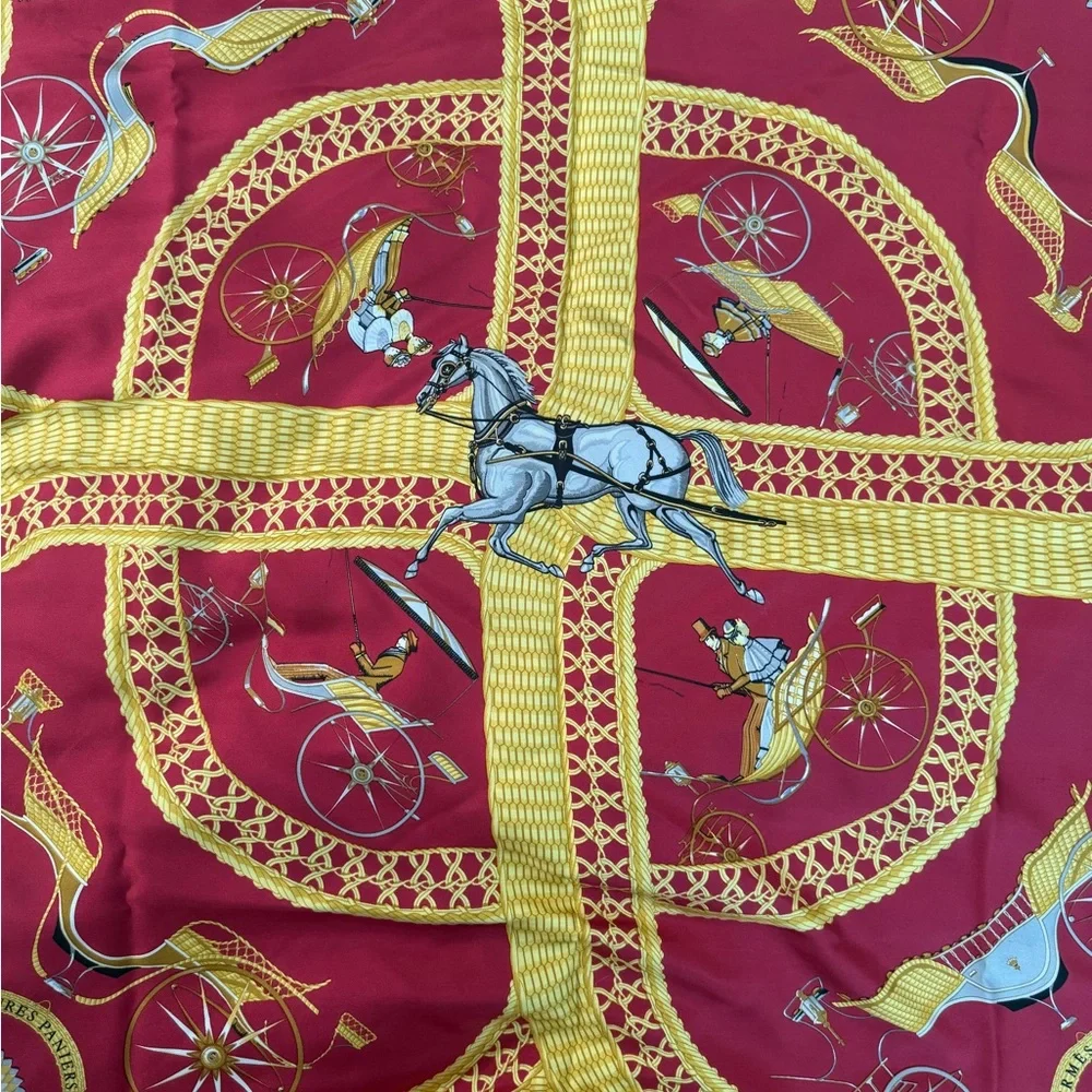 Hermes Red and Gold Equestrian Motif Silk Scarf - Picture 4 of 7